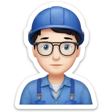 Plumber with black hair, glasses and blue eyes and salopette sticker