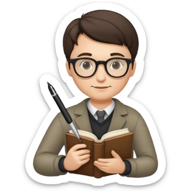 writer holding pen and book, wearing glasses sticker