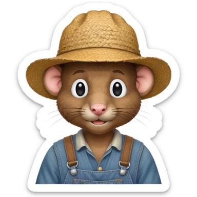 farmer rat in denim overalls with a straw hat sticker