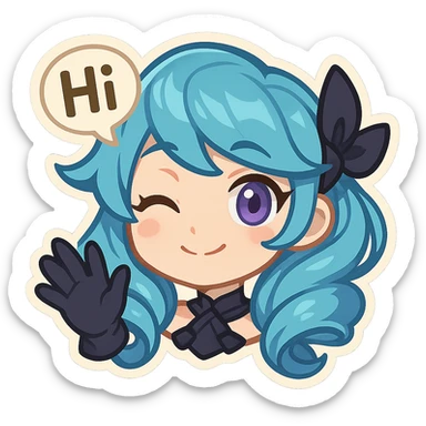 Gwen from League of Legends, chibi style, only head, right eye purple, one hand waving with glove, hi emote, gentle and friendly, no text sticker