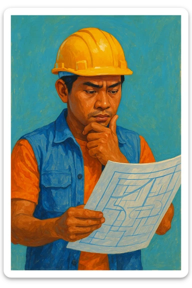 Сгенерируй мне индонезийца в чуть рисованном стиле, в каске и с чертежом в руках. По пояс. На однородном фоне. Он строитель и смотрит в чертеж и думает. Ярко, красиво, красочно sticker