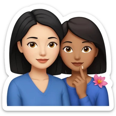 Middle aged brown woman with black hair, beside a middle aged asian woman with dark brown hair touching their cheek sticker