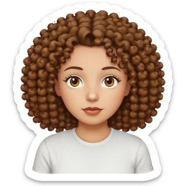 
professional, curly brown lady with hazel eyes, a little dot on the top of the left lip, a normal t shirst sticker