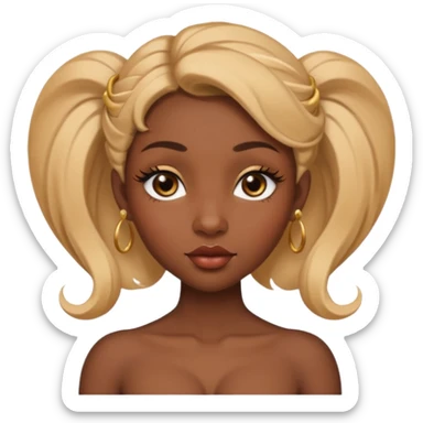 darkskin female with eyebrows that are naturally shaped and frame eyes well, eyes that are almond-shaped with defined lashes. nd lips are full with a defined cupid’s bow, add also a septum piercing that adds an edgy, stylish flair. a middle-part, honey blonde bust-down with laid baby hairs sticker