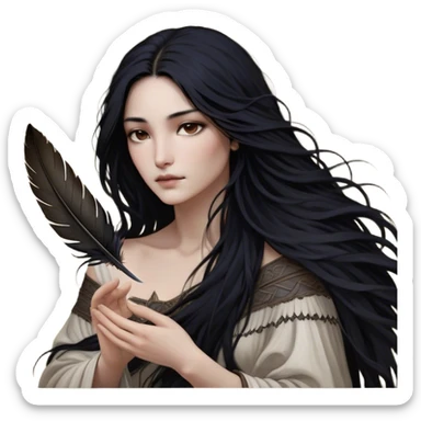 Cinematic Realistic Pocahontas Portrait, depicted with lifelike skin texture, soft natural lighting, and intricately detailed long, flowing raven-black hair that moves gracefully in the wind. Her deep, soulful dark brown eyes exude wisdom and strength, complemented by a serene yet powerful expression. She is shown gently holding a feather in one hand, her other hand resting lightly at her side, embodying the harmonious balance between nature and herself. She is dressed in her classic one-shoulder native American dress, with rich fabric textures and delicate beaded details that catch the light beautifully. The portrait features a soft, sun-kissed glow with a natural, radiant finish, capturing the essence of untamed beauty and deep connection to nature in a realistic and painterly style, evoking a sense of depth and authenticity. sticker