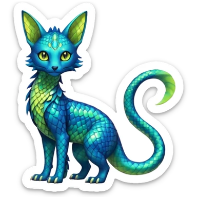 Colorful scaley scaled lime-green, turquoise, Bastet-Salandit-Umbreon-Gatomon-Vernid-Protogen-Digimon-Fakémon-Pokémon-creature  (full body) sticker
