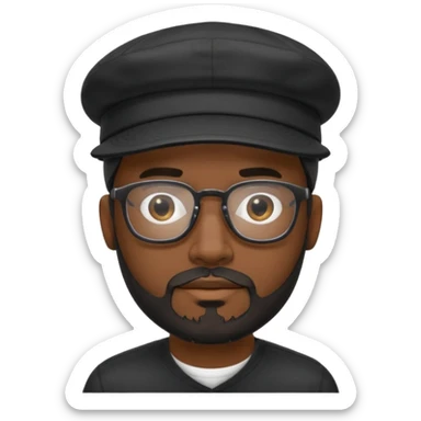 a dark guy with a goate and not bushy mustache and a beard and a cap worn backwards black too wearing glasses sticker