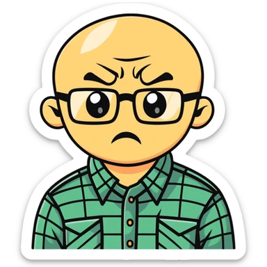 A stiff, uptight person with a scowling face looking fearful, wearing glasses and checkered shirt sticker