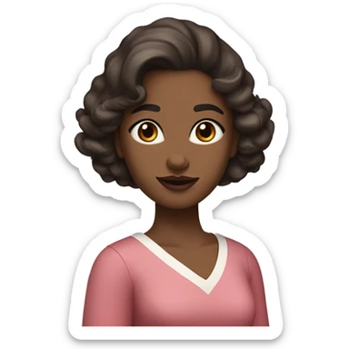 The woman has soft features, fair skin, and almond-shaped eyes. Her defined eyebrows and natural pink lips frame her face. Her dark, wavy hair is partly tied back, giving her an elegant yet relaxed look.  She wears a red V-neck long dress. White skin. sticker