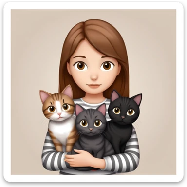 Tan brown-haired girl holding three cats, one black cat, one grey cat, and one grey-striped cat sticker
