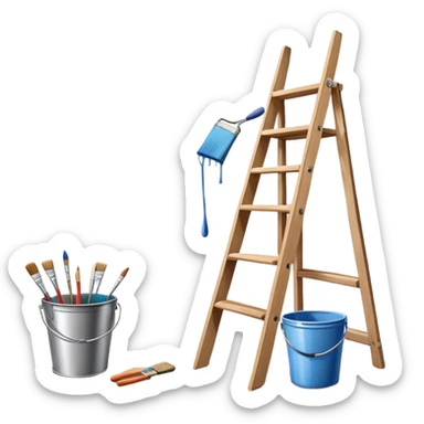 Create an icon that represents the hobby of wall painting. The design should feature a wall with a beautiful, frameless painting in progress. Include a paint bucket with brushes and rollers, as well as a wooden ladder, symbolizing the process of creating the artwork. The wall should have visible brush strokes, indicating the work in progress. The composition should be harmonious and balanced, reflecting both the artistic and practical aspects of wall painting. The background should be transparent. sticker