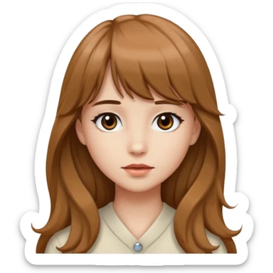 Uma garota de cabelo ondulado marrom,mas com franja lisa e olhos pretos, e a cor de pele branca,e o cabelo LONGO  sticker
