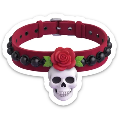 gothic bracelet with crimson velvet band, black skull charm, deep red rose accent, dramatic and gothic sticker