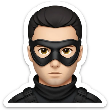 Close-up portrait of an attractive man with piercing eyes, wearing a sleek black tactical mask that covers the lower half of his face. He has sharp jawline definition, dark hair, and a serious, undercover criminal or covert operative look. High contrast, noir lighting, cinematic depth of field. sticker