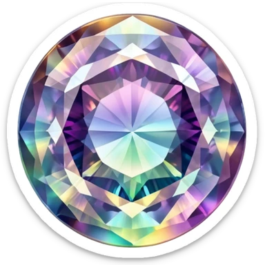 Round cut gemstone of mystic quartz with swirling holographic colors inside sticker