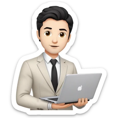 Professional 35-year-old man with black wavy hair, stubble, strong jawline, white skin tone, wearing smart casual business attire, holding a laptop, with a confident approachable expression sticker