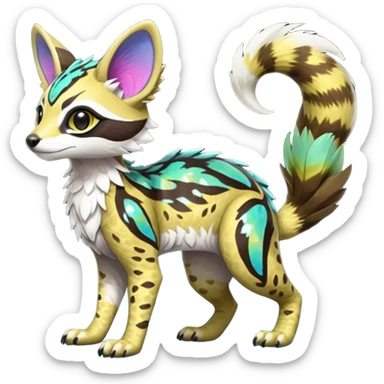 Rare realistic neon-colored iridescent shiny warm-colored lush tropical exotic cute epic pretty beautiful handsome gorgeous aesthetic colorful vibrant Vernid-Protogen-Primagen-Wickerbeast-Genet-Trico-species-Fakemon-hybrid-creature by LiLaiRa, beautiful intricate markings, full body sticker