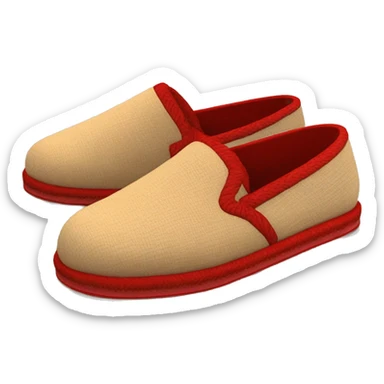 Camel colored slip-on slippers. That has a Very thin red woven zig-zag trim on the cuff and a red small heel pull tab, and a  very thick camel colored platform sole. sticker