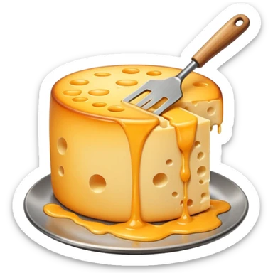 a half vertical  wheel of cheese being scraped with a metal spatula, melted cheese flowing, warm golden colors, modern emoji style, clean outlines, transparent background sticker