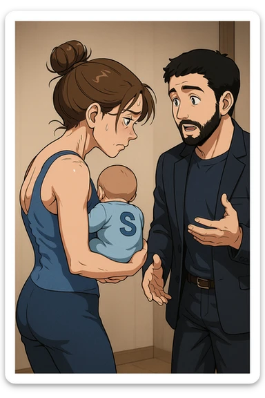 ispirati a questo stile di disegno e fai questa immagine in versione manga/webtoon a colori, il manga mostra la donna preoccupata di profilo con la postura sbagliata e incurvata, spalle chiuse e curve in avanti, con un neonato in braccio con una tutina azzurra e la scritta "S" sulla schiena, spina dorsale storta della donna in evidenza mentre ascolta l'uomo mentre l'uomo gli sta spiegando una cosa, ma non fare i fumetti, fai come se stessero parlando sticker