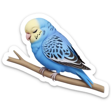 Meme-Worthy Cute Sleeping Blue Budgie Portrait Emoji, Head resting peacefully with a contented smile, showcasing a petite, delicate build and a luxuriously soft blue feathered fur, eyes shut in a serene nap, Simplified yet hilariously adorable features, highly detailed, glowing with a soft, drowsy light, high shine, relaxed and utterly lovable, stylized with an air of playful laziness, bright and heartwarming, soft glowing outline, capturing the essence of a comically sleepy budgie, so meme-worthy it feels like it could instantly become the next viral sensation of adorable slumber! sticker