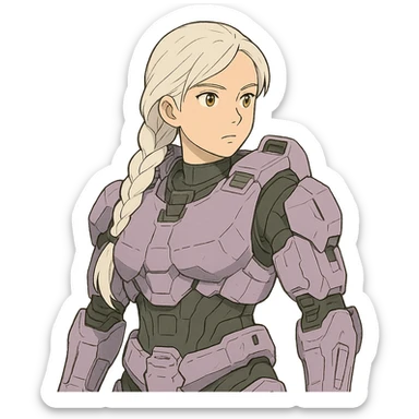 female, wearing reach spartan armor default, long white braid hair, gold yellow eyes, attention pose, halo series, no helmet, the armor is lavender color scheme and has no shoulder pad attachments. DDD bust size fitting sticker