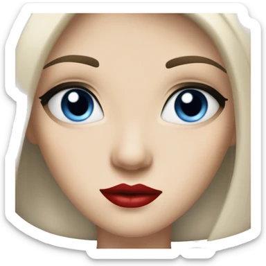 A girl with pale skin, long straight black hair parted in the middle and blue eyes with long eyelashes, red lips sticker