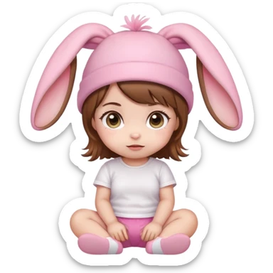 Kawaii baby girl emoji, sitting, brown hair, big eyes, pink bunny ear hat, white t-shirt, pink shorts sticker