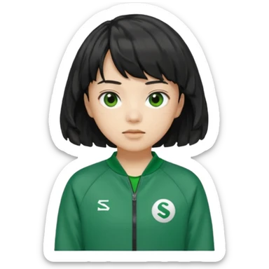 Sae-byeok from Squid Game, black wavy bob haircut with brief fringe, green tracksuit, 067 on chest, simple character emoji sticker