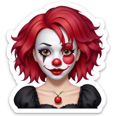 emoji of red hair like cherry hair girl in the black dress hold in hand a clown red nose, her face painted as clown mask, her eyes are gray  sticker