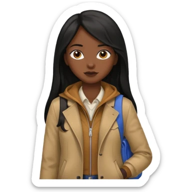 walk black long hair girl at university without backpack with brown jacket sticker