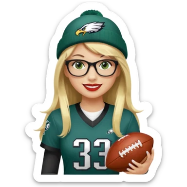 full length women wearing eagles uniform, long blonde hair, styled bangs, green eyes, black glasses, holding football, number 33, smiling, lipstick, eagles beanie sticker