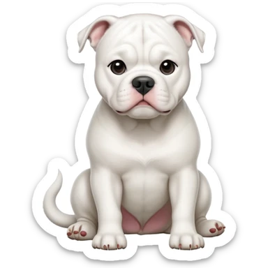 cinematic-[solid white american bulldog]-realistic-full-body-sitting-emoji,-tail-resting-loosely-beside-its-paws,-head-tilted-dramatically,-sleek-[solid white]-fur,-simplified-yet-realistic-focused-features,-highly-detailed,-glowing-with-an-almost-sarcastic-glow sticker