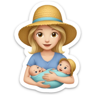 A cheerful mom in a straw hat carrying a baby sticker