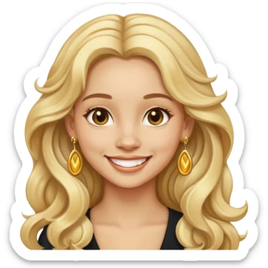 Girl showing happiness, light skin, long wavy blonde hair, gold earrings sticker