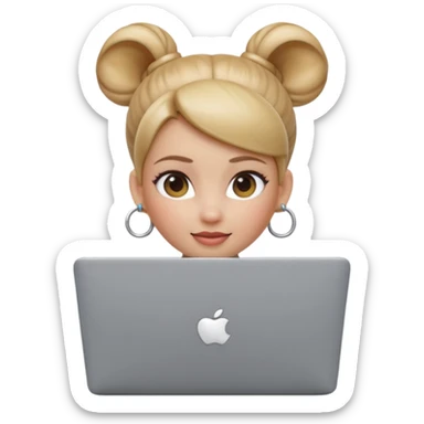 3D Apple Memoji–style emoji, female character with high bun and hoop earrings, peeking over a silver laptop, soft lighting, smooth plastic texture, transparent PNG, 4K. sticker
