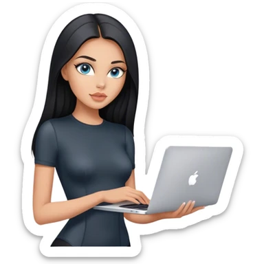 Glamours tanned very beautiful girl with pump peach nude lips and black straight smooth long hair, blue-grey eyes in beautiful short sleeves black bodysuit with MacBook sticker