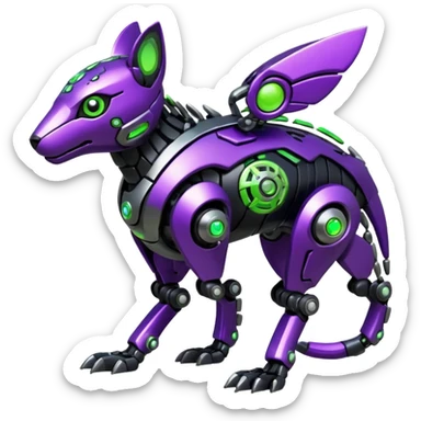 Futuristic mechanical cyborg modern badass cool shiny metallic alloy black-obsidian purple neon-green white lime animal hybrid Fakemon full body with intricate patterns sticker