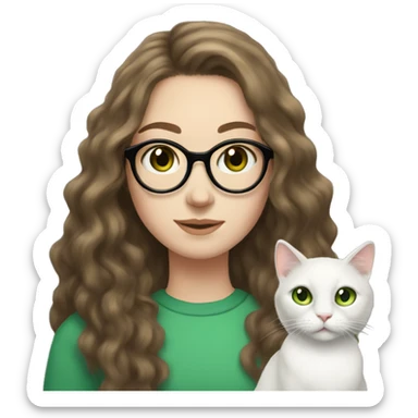 long haired brunette white girl with freckles and round glasses holding a white cat with green eyes sticker