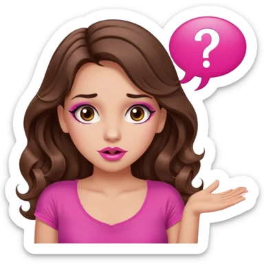 girl with long wavy brown hair, brown eyes, long lashes makeup, sexy pink lips, light to medium complexion, wearing a pink sexy top, shugging, question mark one speech bubble sticker