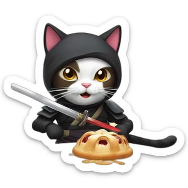 Ninja cat cuts pastry with  katana sticker