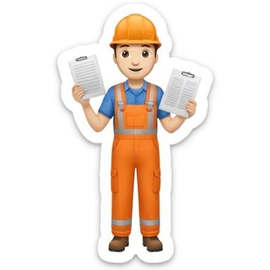 railway engineer full body in orange overalls, carrying one piece of paper with both hands in front of him sticker