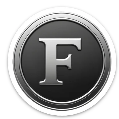 Emoji icon of a black coin with engraved letter F, minimalist style, isolated, no color sticker