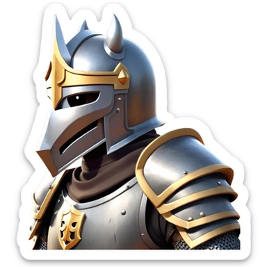 clash-of-clans-aesthetic_-cinematic-fearsome-and-majestic-knight-bust-portrait-emoji, rendered in a flat, vector-style with minimal shading and bold, simplified shapes, depicting a battle-ready medieval knight with steely eyes and intricate armor, mounted riding on a black warhorse reflecting sunlight over a misty battlefield. sticker