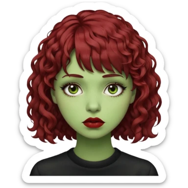 quero que você cria uma mulher, o rosto dela. nela, ela tem cabelo curto e ondulado, tem franja e ela tem semblante triste(cabelo cor meio preto avermelhado) deixe mais cacheado, faça ela bem alternativa (estilo) deixe ela com cor de pele verde sticker