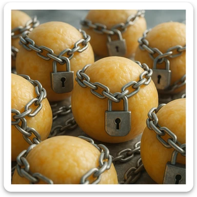 group of adipocytes each locked by chains and padlock, hyper realistic 4K, cellular details, clinical atmosphere, natural light sticker