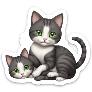 beautiful female solid dark grey cat with green eyes, white toes/paws and white patch on her chest rolling upside down sticker