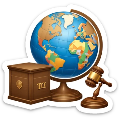 An icon featuring a globe with a gavel and a political map, symbolizing political science. The design includes a ballot box and a podium, representing democracy and governance. Transparent background highlights the study of political systems and global relations. sticker