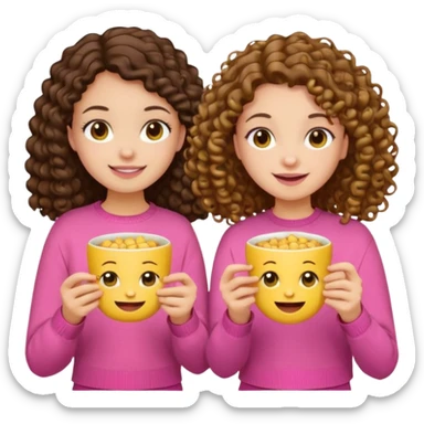 Two girls eating, one brunette with straight hair and another brunette with curly hair, emoji style, first girl has a pink sweater and the second girl has a yellow sweater sticker