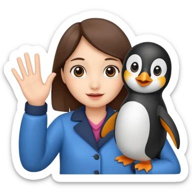Girl waving hello while holding a penguin sticker